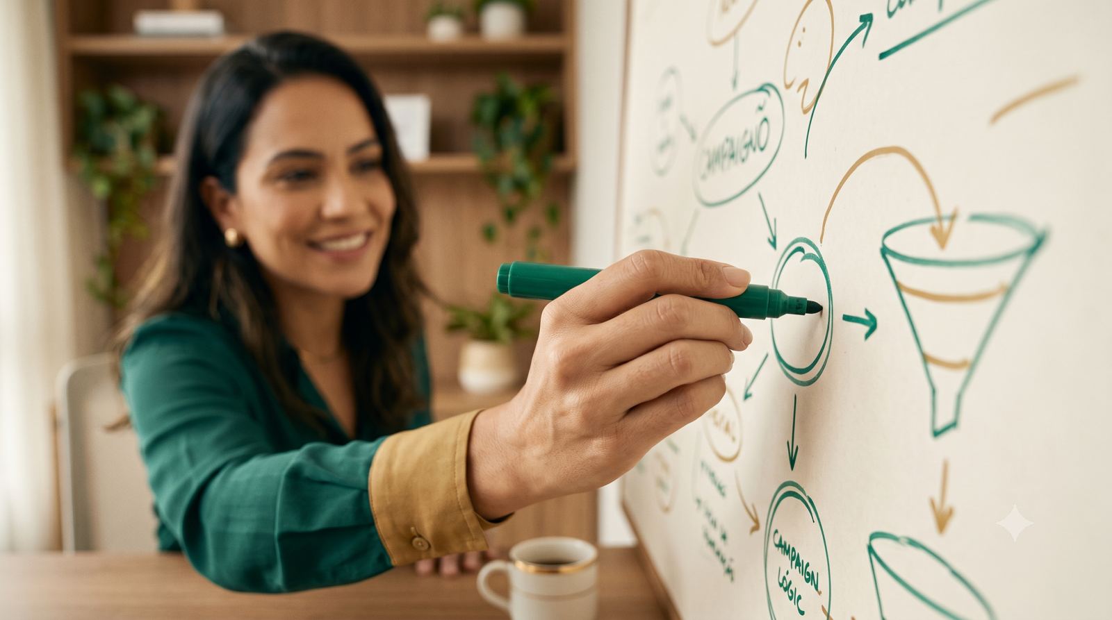 Estrategista desenhando no quadro o funil e o fluxo de e-mails de uma campanha
