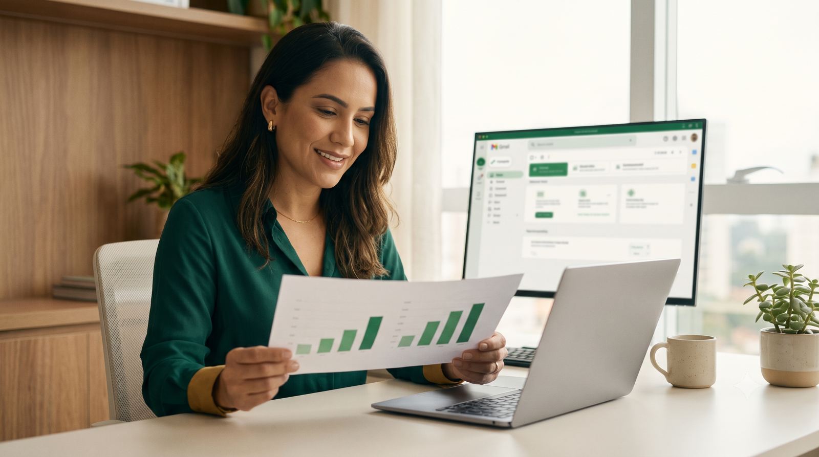 Relatório impresso da campanha com gráficos, ao lado do dashboard na tela